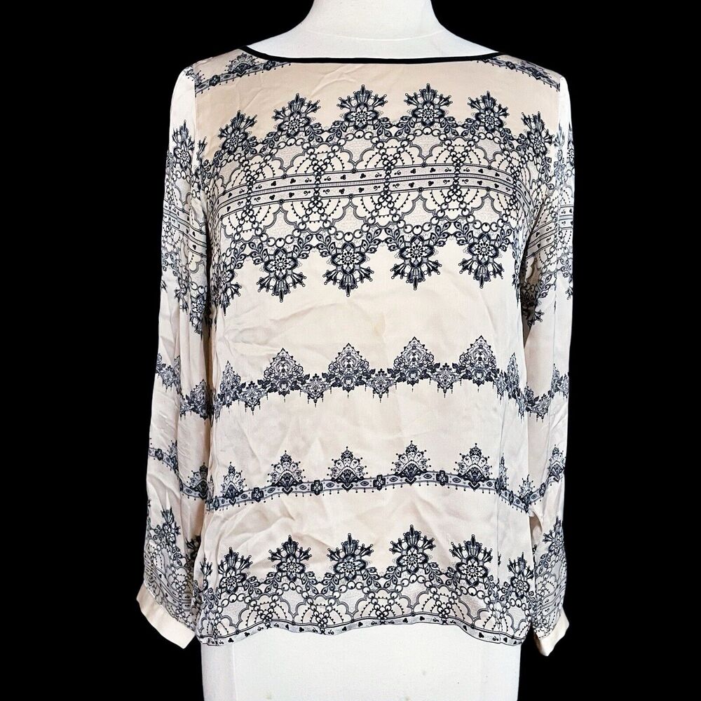 Club Monaco 100% Silk‎ Hi Lo Blouse Size S Long Sleeves Warm Beige w Black Print